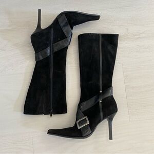 Guess Marciano Goldie Suede Buckle Heeled Boots Pointy Size 5.5